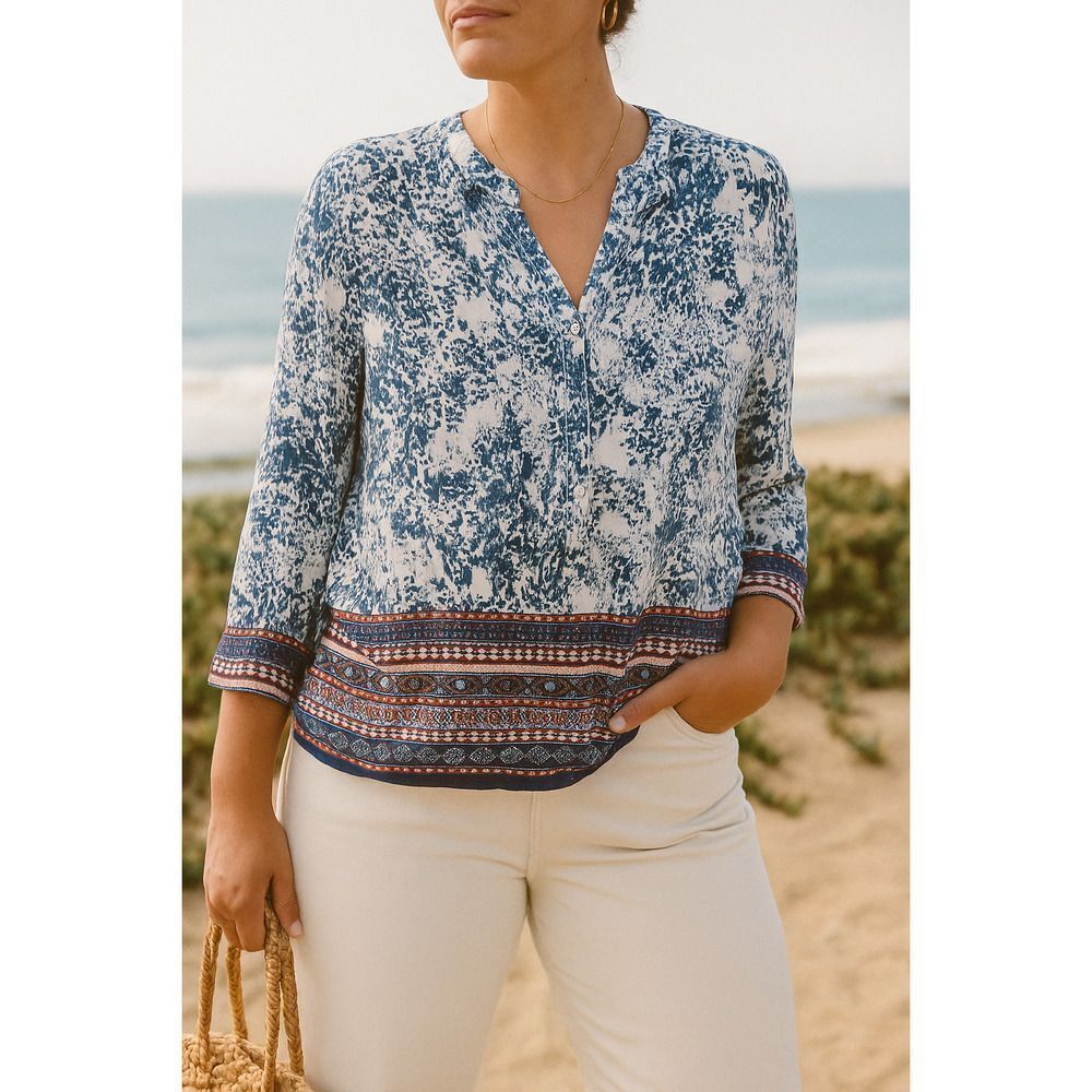 Rebecca Malone Petite Boho Blouse Blue White Border Print Rayon Top Size PXL